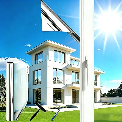 Gutsurge Spiegelfolie Fenster Sichtschutz 90x400cm Sonnenschutzfolie Fenster Innen & Außen Fensterfolie Sonnenschutz Einseitige UV Folie Fenster Hitzeschutz ideal für Wohnzimmer und Büro, Silber