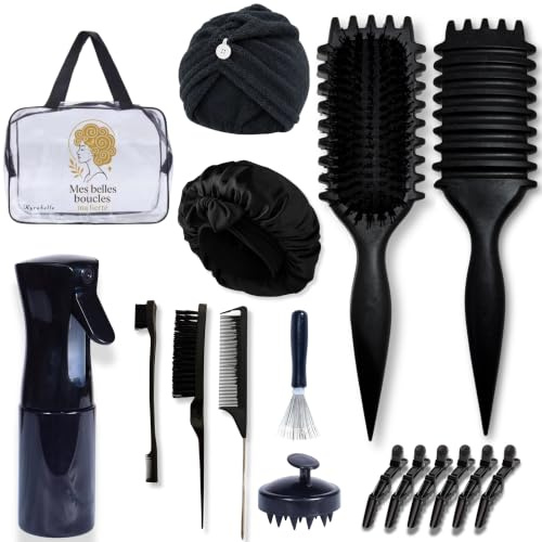 kyrabelle-kit complet Cheveux bouclés/frisés/crépus/ondulés .Brosse définition-spray 200ml-bonnet satin-serviette microfibre-accessoires-brosse massante cuir chevelu-Routine Anti-frisottis.