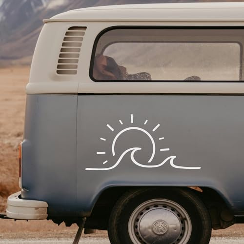 Sonne & Welle Camper Sticker – wetterfester Vinyl-Decal für Wohnmobil, Caravan, Wohnwagen, Auto, Laptop & Wasserflasche – Surf-Reise-Design für Outdoor-Abenteuer