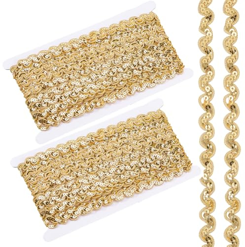 Hobbspring 26m Glitzerndes Pailletten Wellenband Aus Gold Gewebte Geflochtene Bordüre 12.5mm Breites Polyester Metallic Glitzerband Für Bastelarbeiten Dekorationen DIY Nähen Kostüm