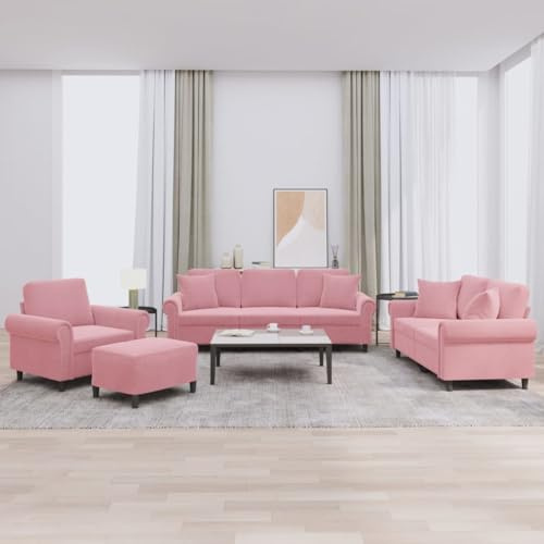 QJBSAVVA Ensemble de 4 canapés d'angle en velours avec repose-pieds, rose, 92 x 77 x 80 cm, fauteuil 2 places, 3 places, pour salon, chambre d'adolescent, balcon