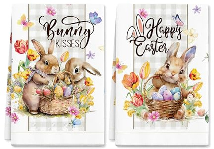 Geschirrtuch Ostern 2er Set 45x66 cm, Frühlingsdeko Handtücher, Geschirrtücher Ostern mit Hasenmotiv, Saugfähige und Schnelltrocknende Geschirrtücher für Küche, Osterdeko für Frühling und Familie