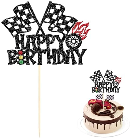 1 Stück Renn Auto Tortendeko Happy Birthday Rennwagen Cake Topper Karierter Flagge,Kuchendeko für Junge Mädchen Baby Dusche,Geburtstag Deko Racing Sports Thema Geburtstagsfeier Kuchen Dekorationen