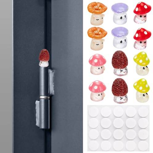 PLIGREAT 12 Pcs Mushroom Door Hinge Toppers, Resin Glow in The Dark Hinge Head Toppers with Stickers Mini Figurines Decoration for Home Office Desktop, 6 Styles
