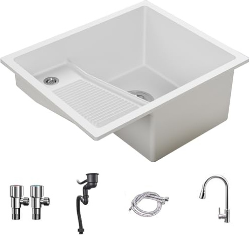 Lavabo Bagno con Asse per Lavare, in Pietra di Quarzo, Monoblocco, Lavandino Bagno da Incasso con Rubinetto Estraibile, per La Lavanderia(White)