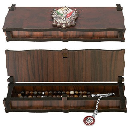Gök-Türk Box Schatulle aus Holz Handgemacht & Tesbih Gebetskette 'Wappen Osmanisches Reich' Tugra Abdulhamid 33 Perlen, ColorName:ohne Gravur