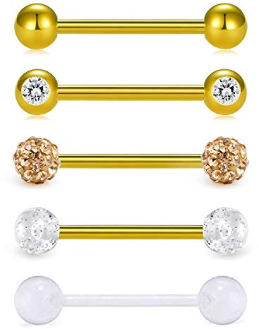 vcmart 5er Zungenpiercing 16mm Barbell Set 14 Gauge aus Chirurgenstahl Kunststoff mit Verschieden Kugeln