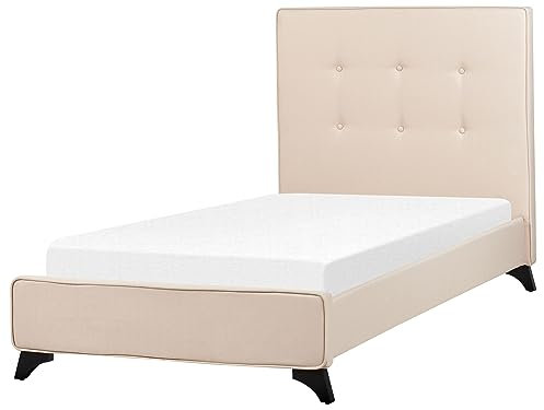 Beliani Polsterbett Leinenoptik beige mit Lattenrost 90x200 cm hohes Kopfteil Ambassador