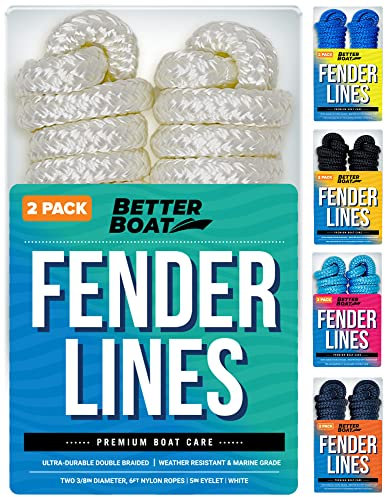 Boat Fender Lines, 3/8 Inch Double Braided Nylon Rope, 6 Ft with Loop, 2 Pack, White, for Buoy, Jet Ski Mooring, Docking & Small Boat Bumpers