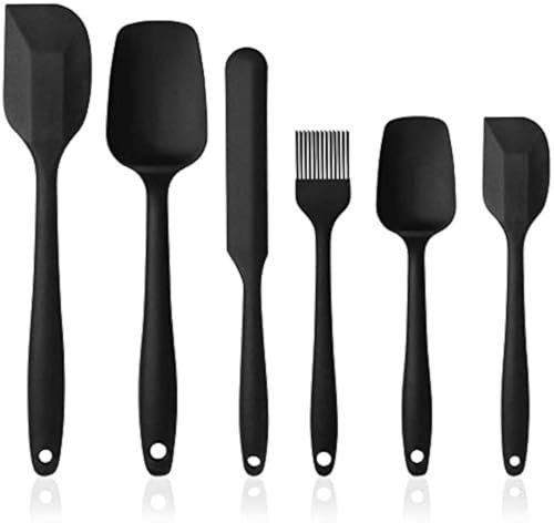 Juego de 6 espátulas de silicona resistentes al calor con utensilios de cocina de acero inoxidable antiadherentes para hornear, hornear y mezclar (negro)
