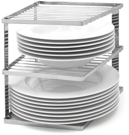 joeji's Kitchen 3 Tier No-Wobble Plate Rack for Kitchen Cupboard Storage - Corner Plate Rack Cupboard Shelf Organiser 25x25x19cm - Silver