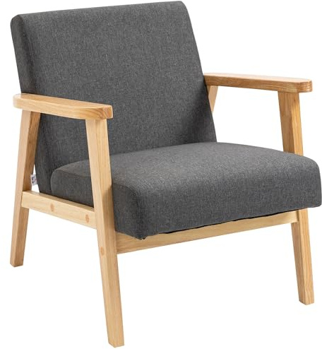 HOMCOM Accent Armchair, Living Room Chair, Wooden Upholstered Single Lounge Chair with Rubber Wood Legs and Padded Seat, Leisure Sofa Chair for Bedroom Office, Dark Grey
