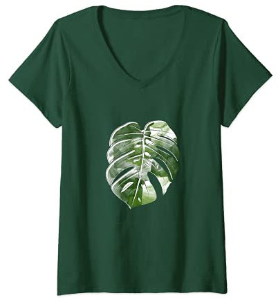 Damen NEU Variegata Pflanze Fensterblatt Monstera Blatt Niedlich T-Shirt mit V-Ausschnitt