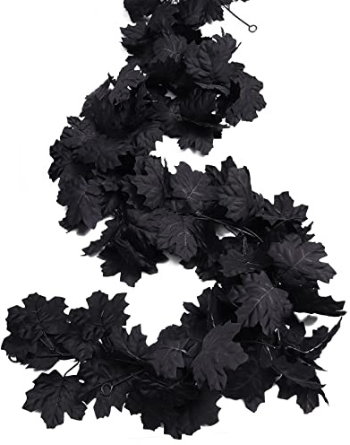 RECUTMS Black Fall Maple Leaf Garland Autumn Hanging Halloween Decorations | 2Pack Artificial Outdoor Plants Burgundy Wedding Harvest Thanksgiving Indoor Table Fireplace Door (Black)