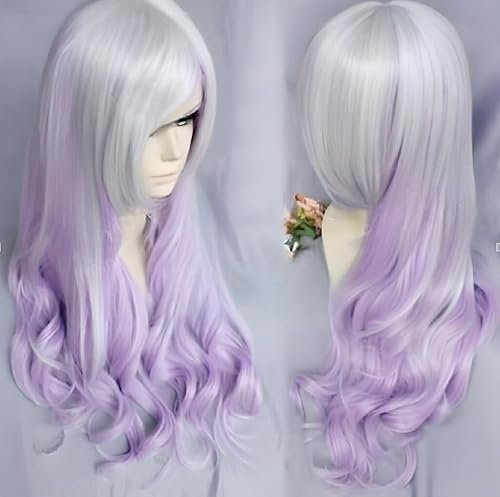 IMISSU 26 ''longue perruque de cosplay de cheveux naturels bouclés avec une frange colorée Perruques de fête d'Halloween pour femmes (Blanc Rose)