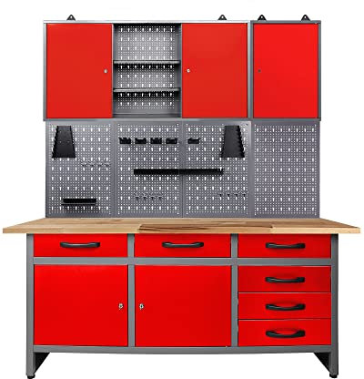 Ondis24 Werkstatteinrichtung rot, 160 cm breit, Werkbank, Werkzeugschrank, Werkzeugwand