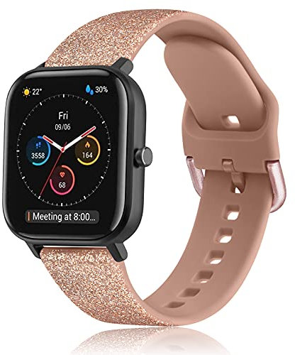 Yisica Silicone Bracelet Compatible pour Amazfit Bip U Pro/Bip 3/Bip 3 Pro, 20mm Bracelet de Remplacement en Silicone Réglable pour Amazfit Bip/Bip S/Bip S Lite/Amazfit GTS 4 Mini, Or Rose Brillant