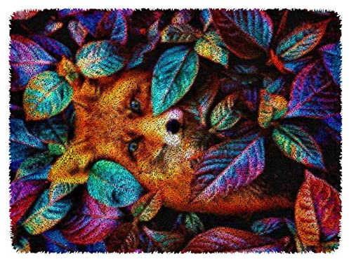 WYOUTDOOR Latch Hook Rug Kits, for Adults Large Leaf Fox Carpet Rug Tapestry Making Crafts DIY Embroidery Cushion Crochet Yarn Kits with Color Pre Printed Pattern for Home Decor,52x38cm