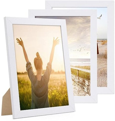 PHOTOLINI Cadre photo A4 21 x 30 cm bois MDF blanc, cadre large bord, lot de 3 cadres photo, verre acrylique incassable, décoration murale à suspendre & à poser, accessoires supplémentaires