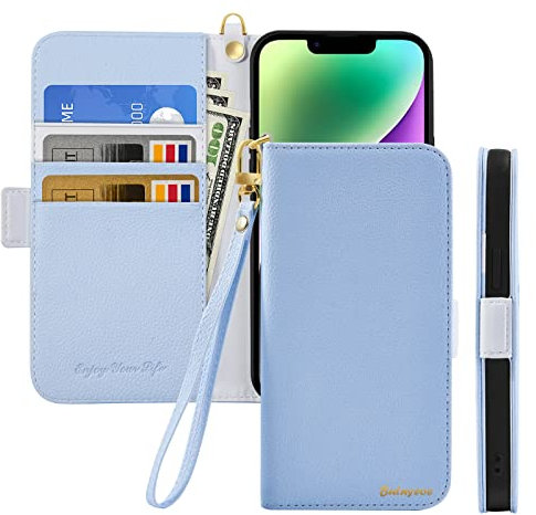 Butnyeoe Handyhülle für iPhone 14 Klappbar Hülle,Litschi Textur Leder Wallet Schutzhülle Tasche Flip Cover Case,Magnetic Closure Klapphülle mit Kartenfach Standfunktion,Helles Blau