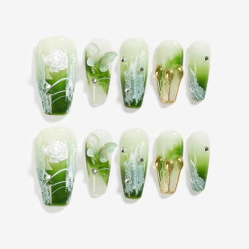 Handmade Press On Nail Medium Long Coffin Ballerina Green Flower Butterfly Fake Tip 3D Design Art Charms Cute with Storage Box 10 Pcs (#009 M)