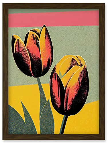 Wee Blue Coo Bright Modern Silkscreen Tulip Blooms Stencil Dusky Pink Sage Green Mustard Yellow Artwork Framed Wall Art Print A4