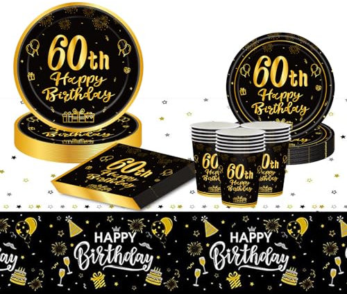 VReder Black Gold 60th Birthday Decorations Paper Plates Napkins Tableware Table Cloth Set, Disposable Paper Party Tableware for Women Men 60th Birthday Party Decorations Table Supplies (16 Guests)