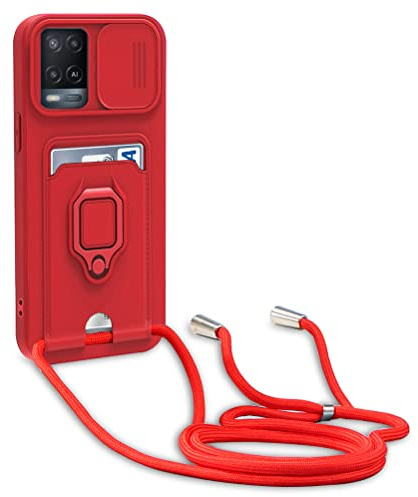 yanasuo Schiebe Kameraschutz Silikon Handykette Hülle kompatibel mit Oppo A54 4G/A16/A16S/A55/A53S 5G, Metall Ring Halter Handy Cover,Verstellbarer Halskette Handyhülle-Rot