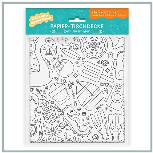 Ausmaltischdecke für Kinder – Tischdecke mit sommerlichen Motiven zum ausmalen – Ausmaldecke für den Kindertisch – Tolle Beschäftigung für Kinder an heißen Tagen im Sommer – A0 (84,1 × 118,9 cm)