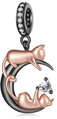 NINGAN 925 Argento E Oro Rosa Gattino Ciondolo Charm Nero Compatibile Signore Bracciale Collana Regalo Di Compleanno Per La Famiglia Di Un Amico