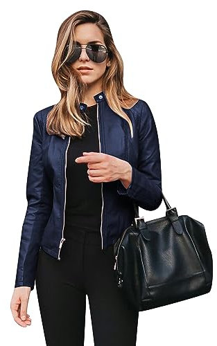 OMZIN Femmes Zip Similicuir Veste Boucle Col Court Veste Slim Fit Moto Veste Manteau Bleu Marine M