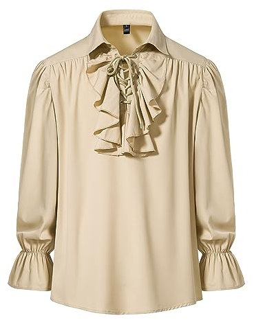 Men's Retro Renaissance Steampunk Victorian Long Sleeve Jabot Collar Medieval Pirate Lace Up Shirt Tops-Khaki-S