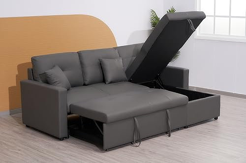 Grey Corner Sofa Bed With Storage - Bonded Leather L Shaped 3 Seater Pull Out settee For Living Room Furniture - (Left Hand Side)