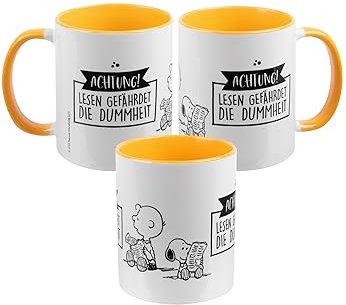 The Peanuts Tazza Snoopy – Attenzione! Lettura in pericolo la stupidità – Tazza da caffè in ceramica giallo bianco 320 ml