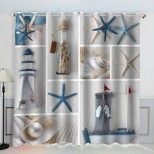 MEVASA Vorhänge Meeresthema Leuchtturm Seestern Vorhänge Verdunkelung mit Ösen Kurz 3D Polyester Wohnzimmer Kinderzimmer Schlafzimmer Gardinen 234 x 137 BxH