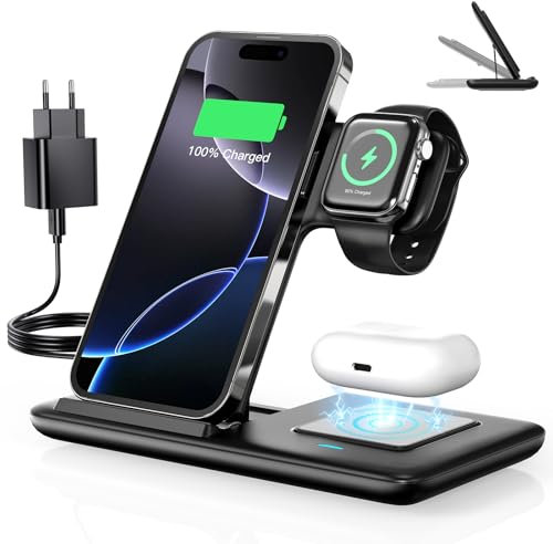Vunzo 3 in 1 Caricatore Wireless Stazione, 18W Ricarica Rapida Wireless Phone Charger Stand per iPhone 15/14/13/12/11/Pro/Max/XS/XR/X/8/Plus, Apple Watch 9/8/7/6/SE/5/4/3/2 e per 3/2/Pro casa