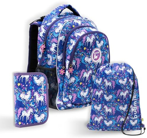 budmil Schulranzen Mädchen ab 1. Klasse 26L mit Federmäppchen & Turnbeutel - Schulrucksack WASSERABWEISEND mit Regenschutzhülle - Schultasche für Grundschule - REFLEKTIEREND - Mit 3 Fächer (Einhorn)