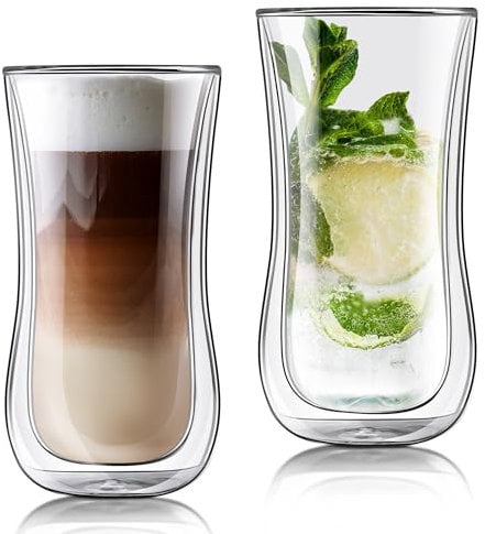 Joeyan 400ml Double Walled Drinking Glasses for Coffee Latte Cappuccino Macchiato Tea Mulled Wine Beer, Clear Insulated Thermal Glass Cups for Hot Cold Drinks, Tall Borosilicate Tumblers, Set of 2