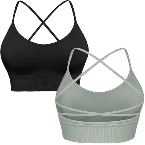 Sykooria Sport BH Damen Gepolstert Bustier Damen BH ohne Buegel Spaghettiträger Cross Back Design Push up BH Sport Bra Top für Yoga Fitness, B-2pcs (Schwarz+Grün), L