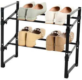 Amig - Ausziehbares Schuhregal mit 2 Ebenen Tötem | 45,5~80 x 24 x 39,5 cm | Stahl und PP-Kunststoff | Schwarz | Ideal für Flur oder Schlafzimmer | Organizer für 12 Paar Schuhe
