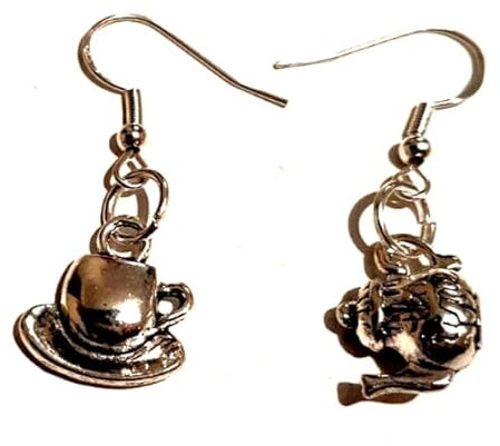 Asymmetrical Teapot & Cup and Saucer Earrings on Sterling Silver Hooks, Mismatched Tea Party Earrings, Mad Hatter Jewelry