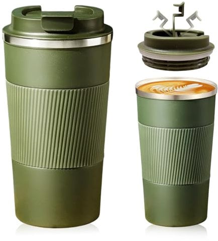 Senshuomy Travel Mug, Insulated Coffee Cup with Leakproof Lid, Reusable Coffee Cups Travel Cup, Stainless Steel thermaol Mug for Hot Cold Drinks (Green/510ml)