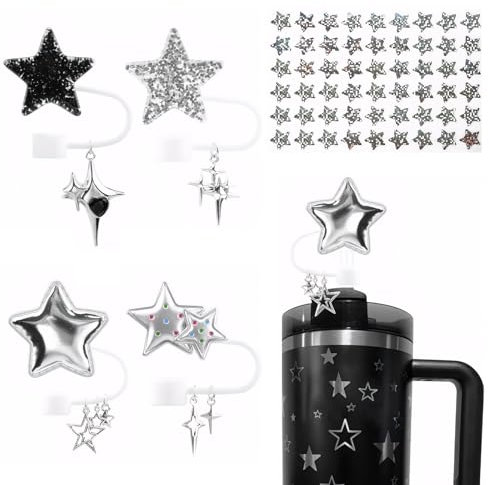 Silicone Straw Cover 4 Pcs,for Stanley Cup Accessories Straw Cover,Leak Proof Straw Toppers,Black for Stanley Straw Topper,Dust-Proof Drinking Straw Tips Protector for Stanley(with Star Sticker*1)