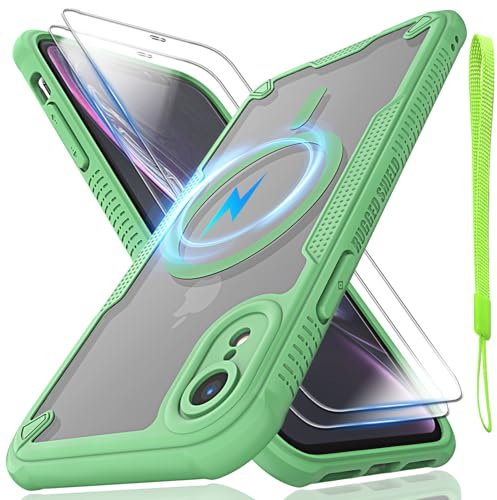 Htlhpxx for iPhone XR Magsafe Phone Case 6.1-inch-Green | Translucent Matte Back with Magsafe Magnetic Slim Shockproof Protective Case and Lanyard Strap/2*9H Screen Protector