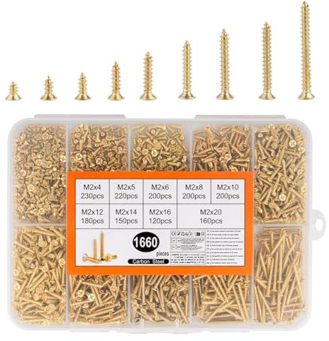 1660 Pcs M2 Vis à Bois Autotaraudeuses, Petites Vis à Tête Fraisée Cruciforme, vVis à Tête Plate Croisée, Autoperforante Autoforeuse pour Bois Meubles Modélisme(Doré)