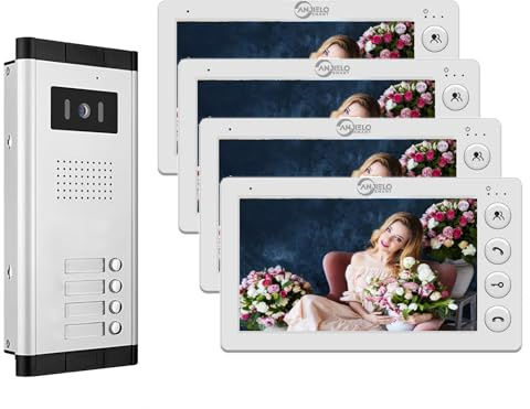 Wired Video Apartment Intercom System,2/3/4/5/6/8/10/12 Units 7 inch Monitor Video Door Phone Kit,Indoor Outdoor Video Doorbell, 2 Way Audio,One Key Unlock for Home (1 Doorbell + 4 Monitor)