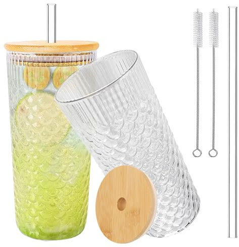 Forbabe 2 Stück 650 ml Glasbecher mit Deckel und Strohhalm, Verdicktes Glas Trinkgläser Luftdicht Wasserdicht Trinkbecher Gläser, Becher Trinkglas für Fruchtsaft/Smoothies/Bier/Kaffee/Gemüsesaft/Tee