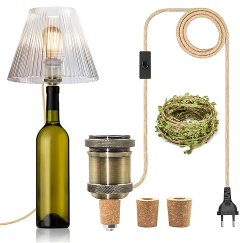 Portalámparas para botella de vino E27, lámpara de mesa con botella de metal, kit para botella de vino color bronce con cable decorativo verde de 5 m