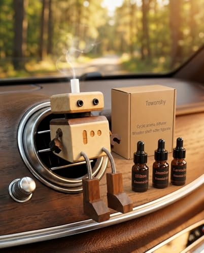 Auto-Lufterfrischer Holzroboter, Handgefertigt, Wiederverwendbar, Magnetische Befestigung, Holz Duftdiffusor fürs Auto, mit 30 ml Duftöl, Duftspender für Autolüftung, Deko - Nat