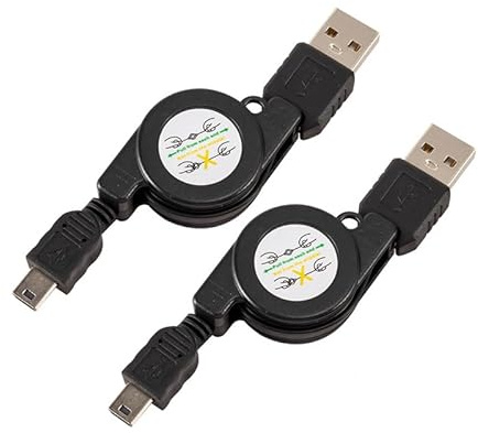 RecDec Lot de 2 mini câbles USB rétractables USB 2.0 de type A mâle vers mini B pour appareil photo numérique, caméra embarquée, lecteur MP3, Garmin Nuvi, récepteur GPS, haut-parleur, casque de voyage